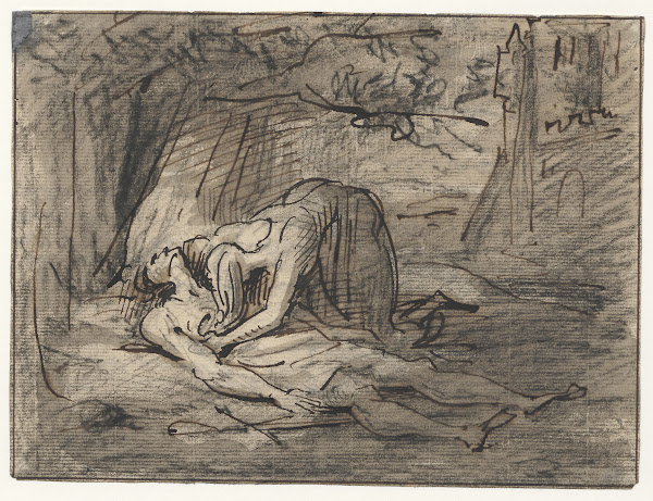 Treurende vrouw bij dode man Pyramus en Thisbe