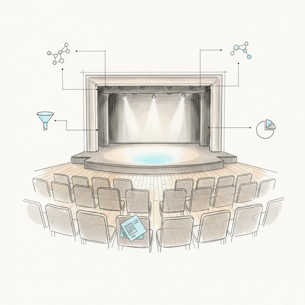 Notebook-style full-frame sketch of an empty event stage and front seats with lighting notes and subtle #1a5bfb accents, illustrating facebook ads for events planning
