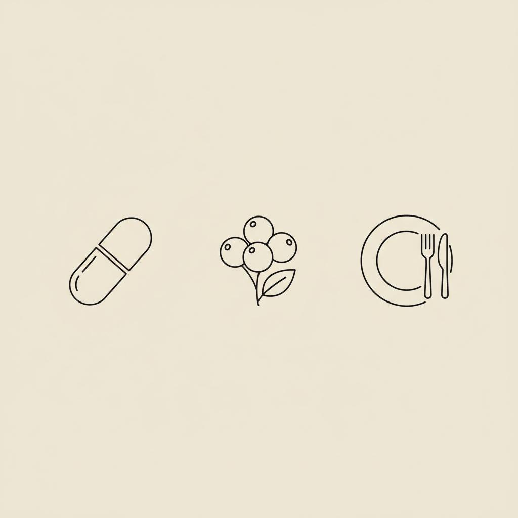 Minimalist Tonum-style line illustration of a capsule, small berry cluster, and plate with cutlery on beige background representing probiotics for weight loss