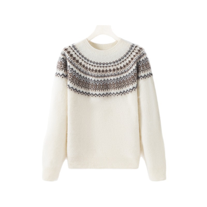 Damen-Wollpullover mit Reißverschluss und Jacquard-Muster