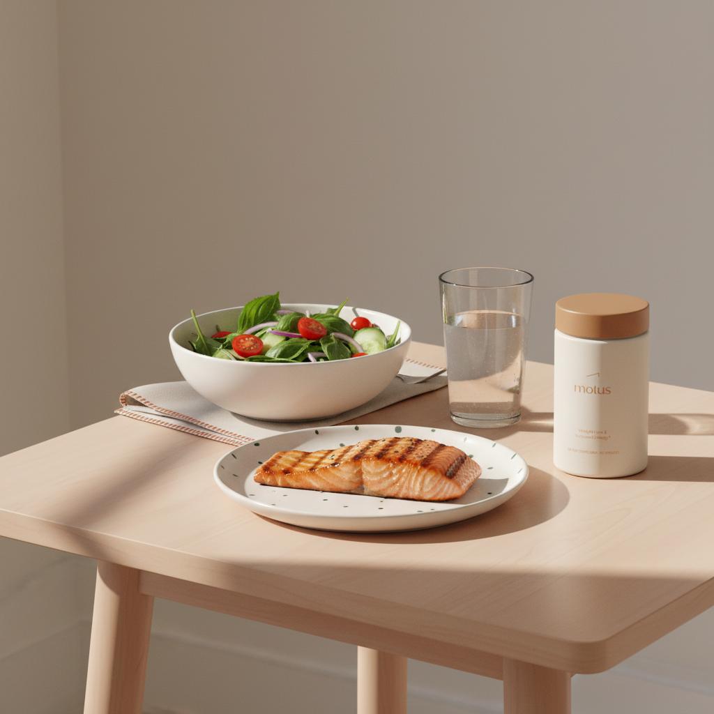 Minimalist kitchen table with grilled salmon, colorful salad, water glass and Tonum Motus container, illustrating how to reverse type 2 diabetes naturally.