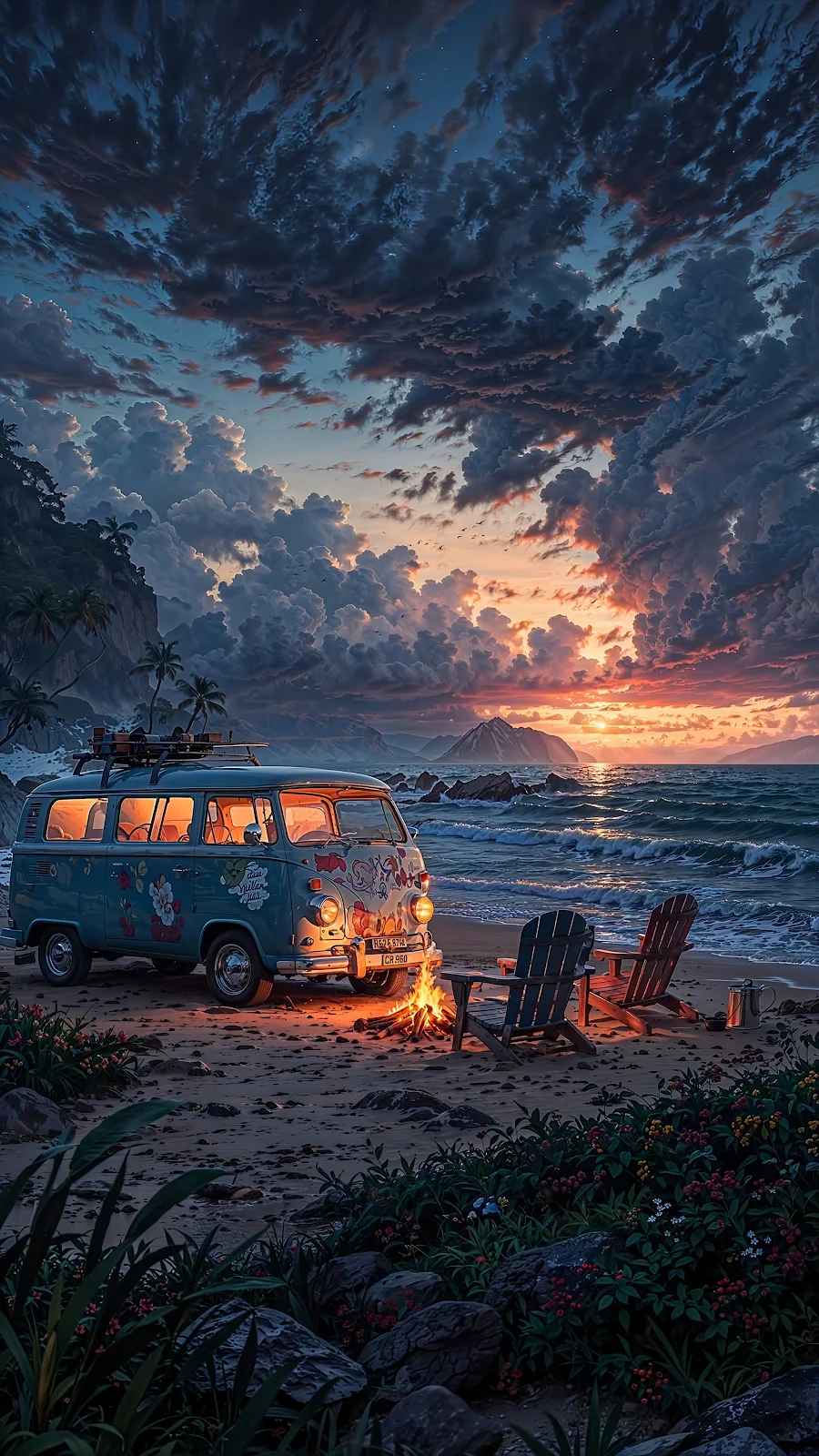 Classic Volkswagen Camper Van Sunset - Digital Illustration 4K iPhone Wallpaper (2304x4096)