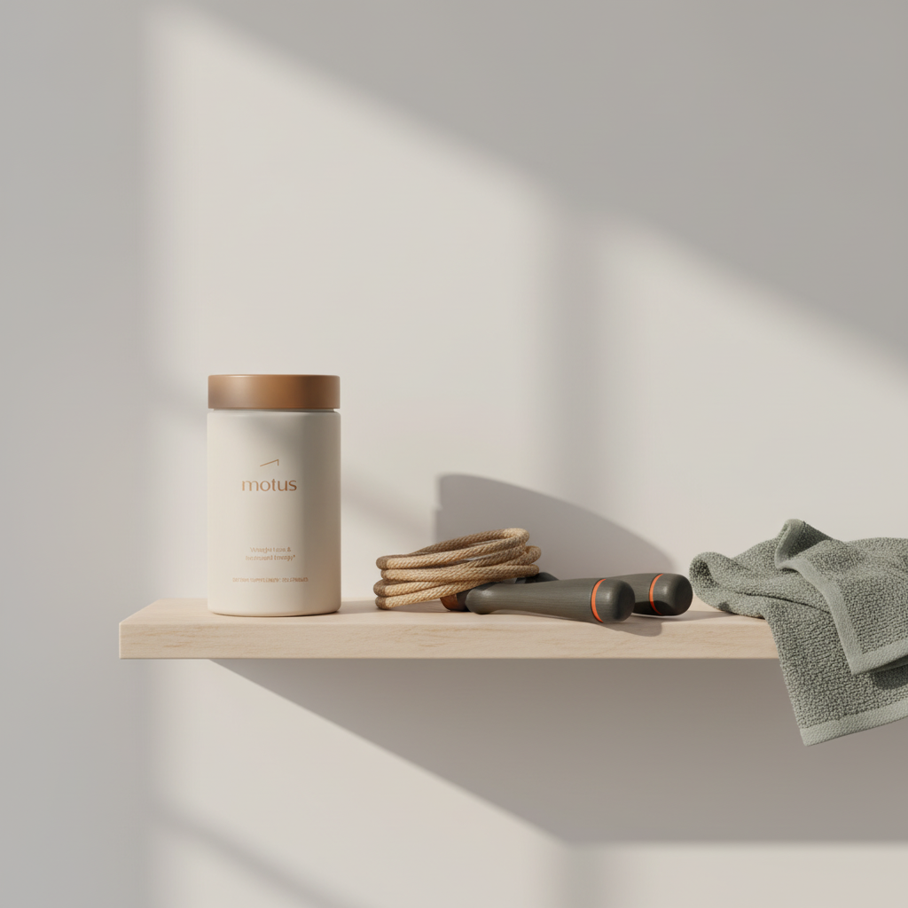 Minimalist workout station with Tonum Motus supplement bottle on a wooden shelf beside a jump rope and folded towel against a soft #F2E5D5 background — 3-3-3 rule gym