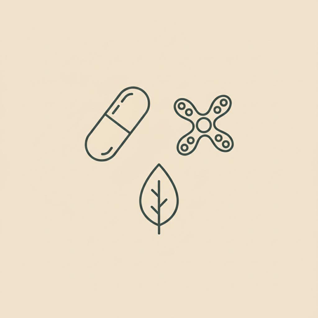 Minimal Tonum-style line illustration of a capsule, mitochondrion icon and leaf on beige background representing NAD supplement and cellular energy.