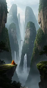 Monk Meditating Above Misty Valley Waterfalls