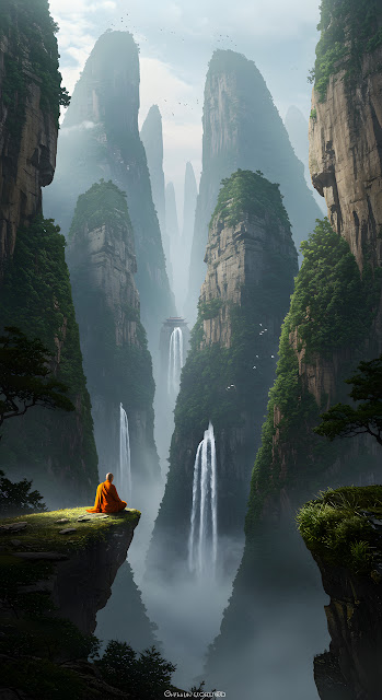 Monk Meditating Above Misty Valley Waterfalls - Free mobile Wallpaper