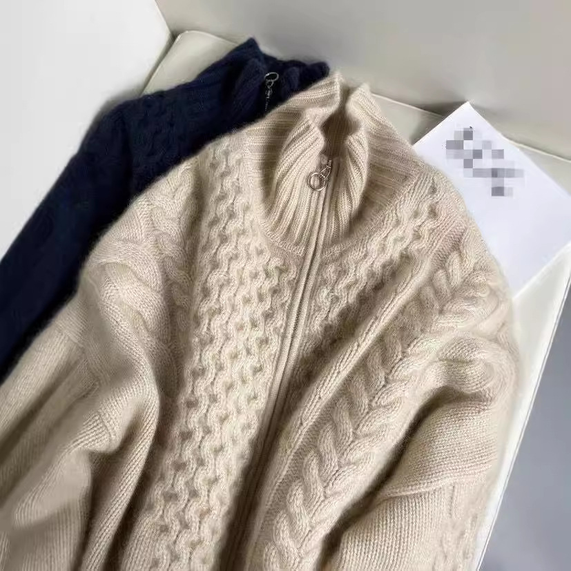 Women's wool cardigan, high-neck, with zipper, cable pattern