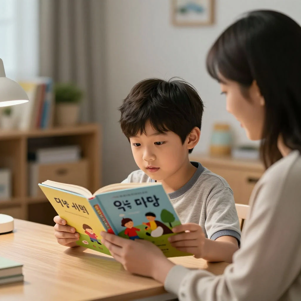 초등학생이 부모와 함께 책을 소리 내어 읽는 가정 학습 장면