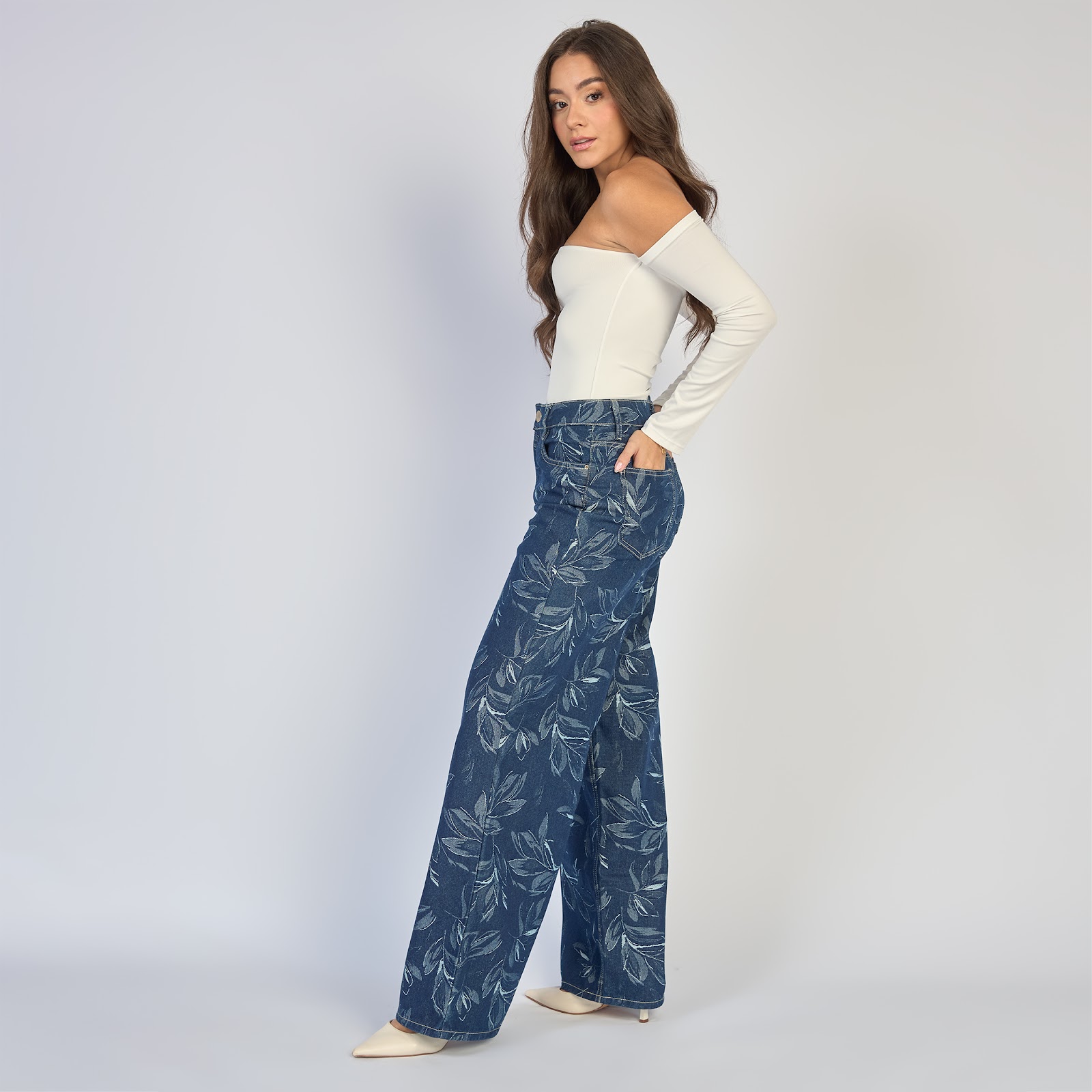 Jean dama wide leg tiro alto rígido, color azul oscuro - Vista 3