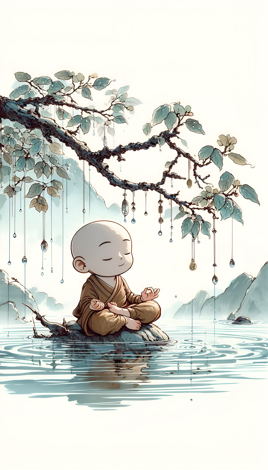 Chibi Monk Meditation Serene Watercolor Asian Art - Free 4K mobile Wallpaper