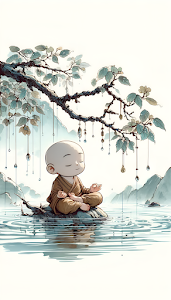 Chibi Monk Meditation Serene Watercolor Asian Art