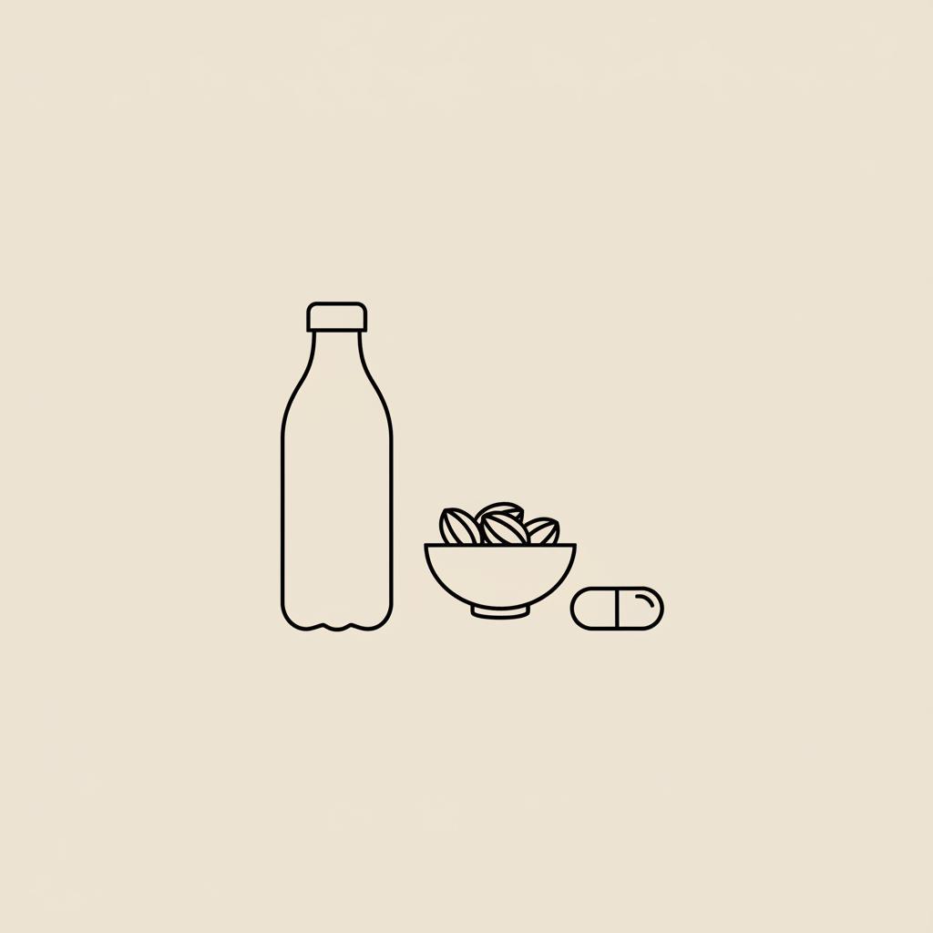 Minimalist Tonum-style line illustration of a water bottle, small bowl of nuts, and a capsule on beige background — what happens on day 3 of no sugar