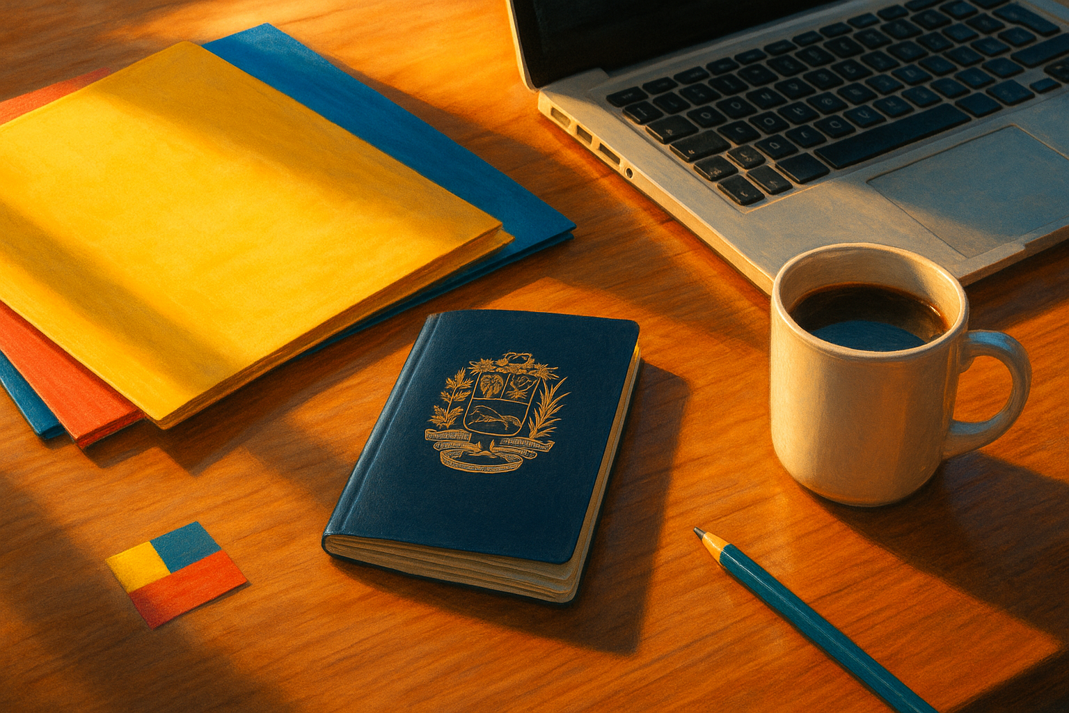 Carpeta migratoria con documentos venezolanos exterior, pasaporte y apostilla