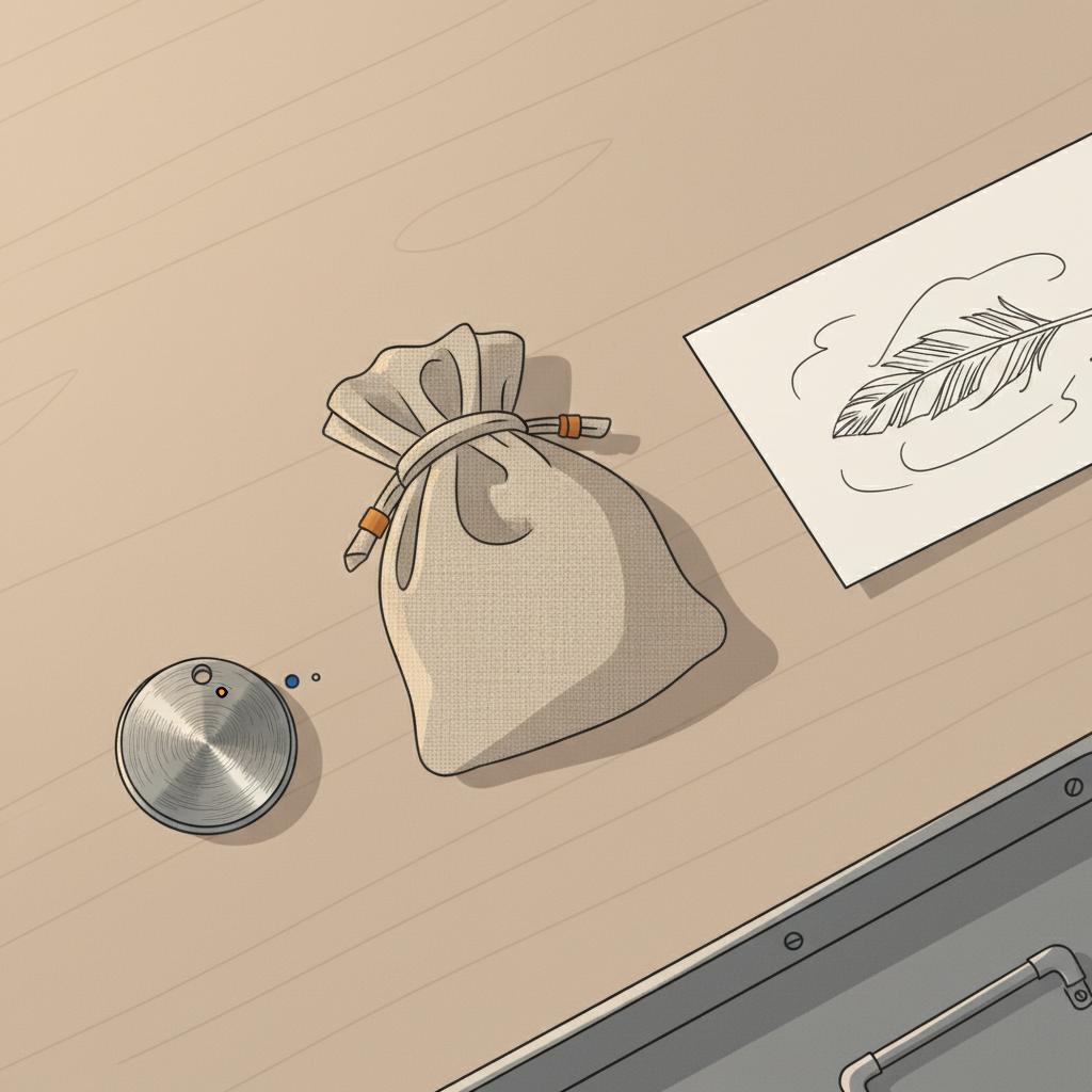 Nahaufnahme von Geschenkdetails auf Holztisch mit graviertem Metall‑Anhänger, Leinenbeutel und gefalteter Karte — geburtstagsgeschenke für freunde, minimalistisches Steelmonks‑Farbspiel