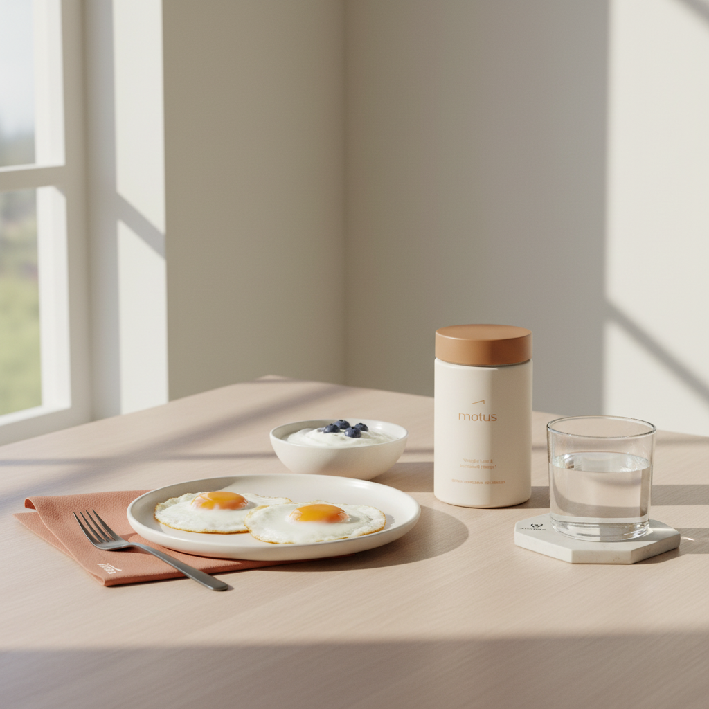 Tonum Motus jar beside plate of eggs and plain yogurt on a neutral wooden table in a daylight kitchen, minimalist Tonum styling; strongest metabolism booster supplement, full-frame.
