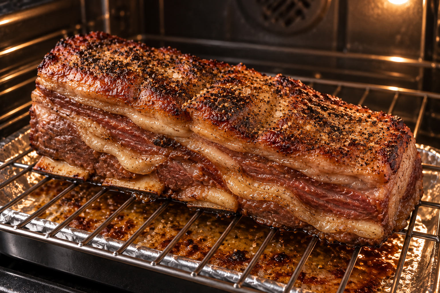 Asado de tira cocinándose sobre una rejilla con bandeja para recoger sus jugos