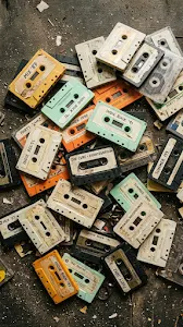 Vibrant Flat Lay Pattern of Retro Cassette Tapes