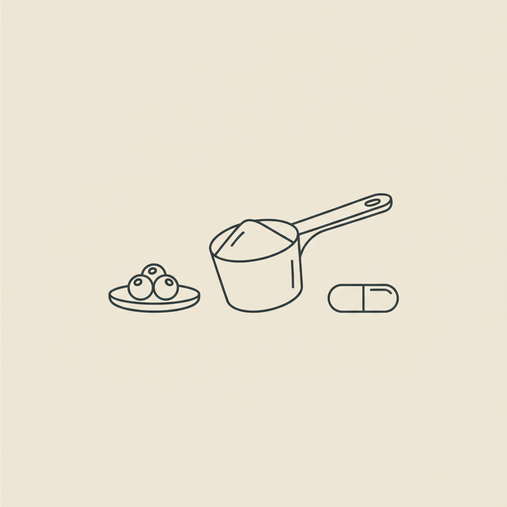 Minimalist vector line illustration of a protein scoop, capsule, and small plate of berries on beige background for protein shakes weight loss