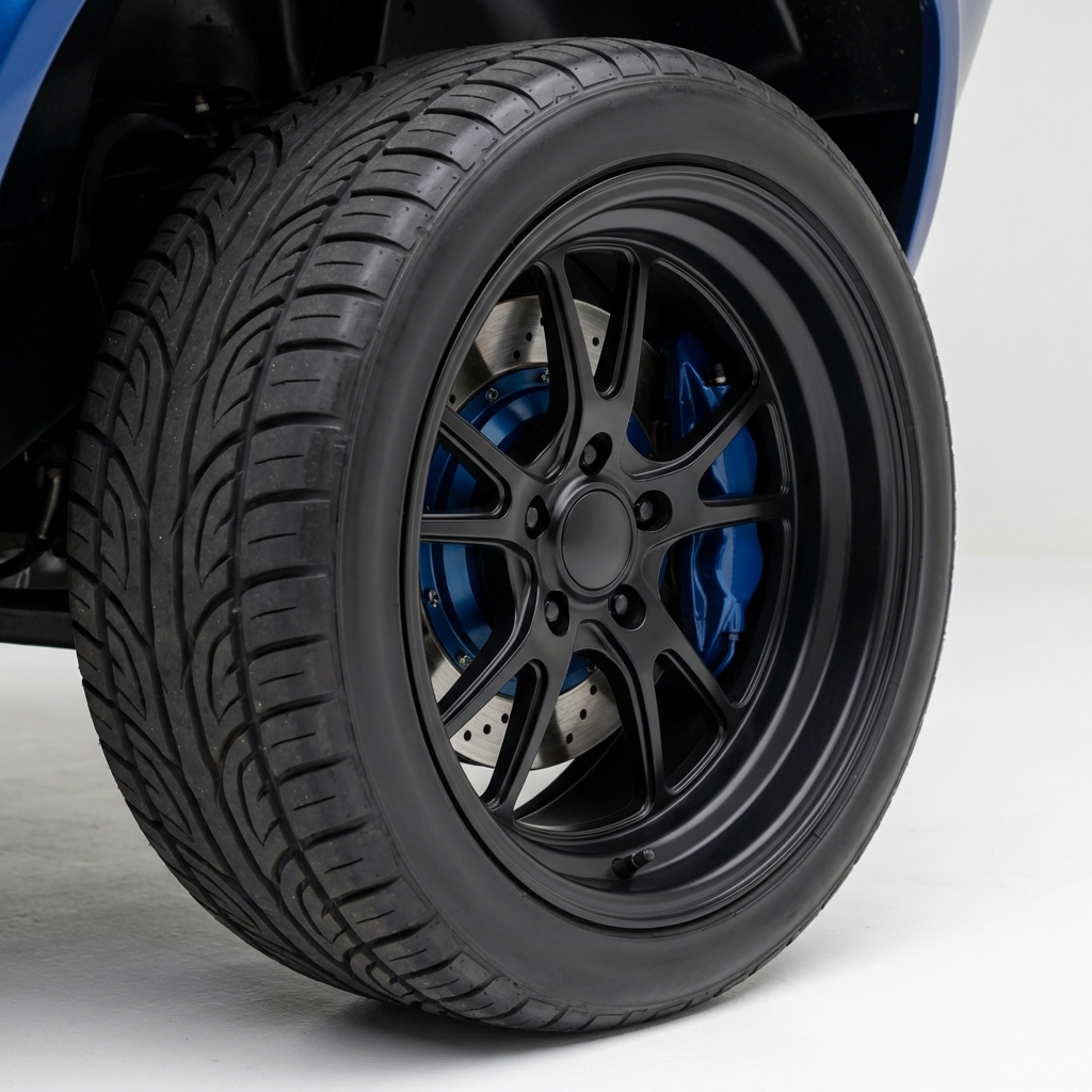 Close up of a performance tire and brake package on a camaro ss for sale showing tread pattern ventilated rotor and deep blue caliper on a clean white background