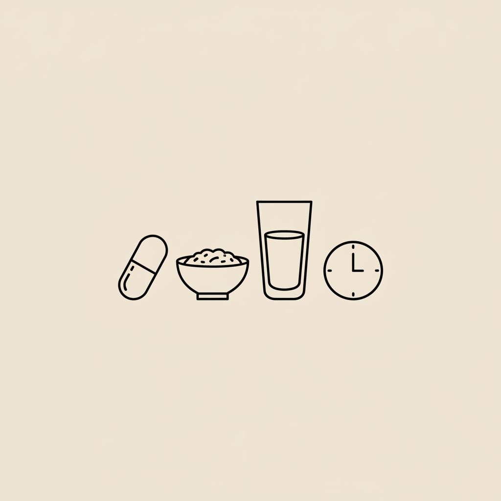 Minimal Tonum-style line illustration of a capsule, oat bowl, water glass, and small clock suggesting a routine for appetite suppressants on a beige background.