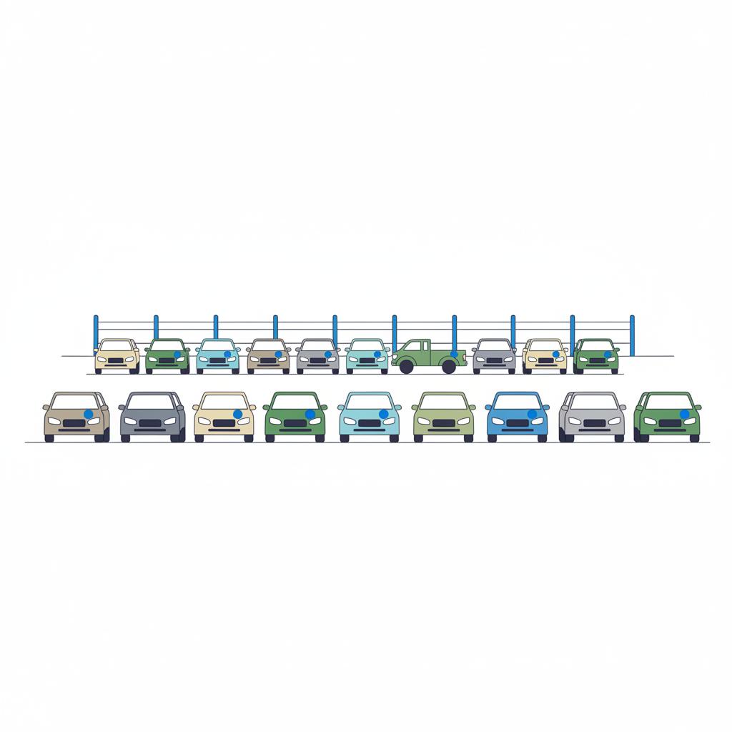 Minimalist 2D vector illustration of a dealership lot with rows of cars and some repo cars for sale marked by blue circular badges on white background