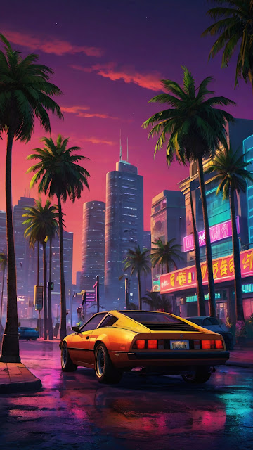 Golden sports car parked under palm trees during neon sunset - Free mobile Wallpaper