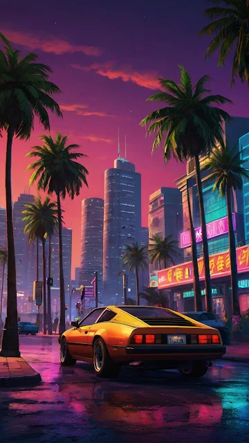 Golden sports car parked under palm trees during neon sunset
