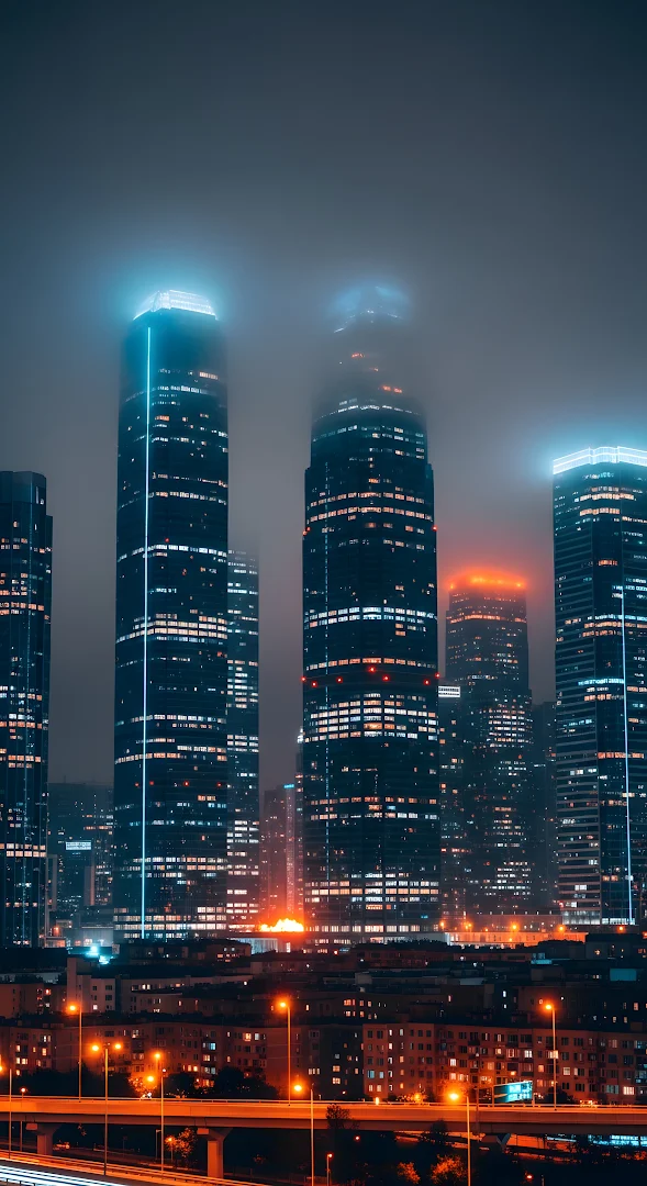 Neon Towers Cityscape in Foggy Night