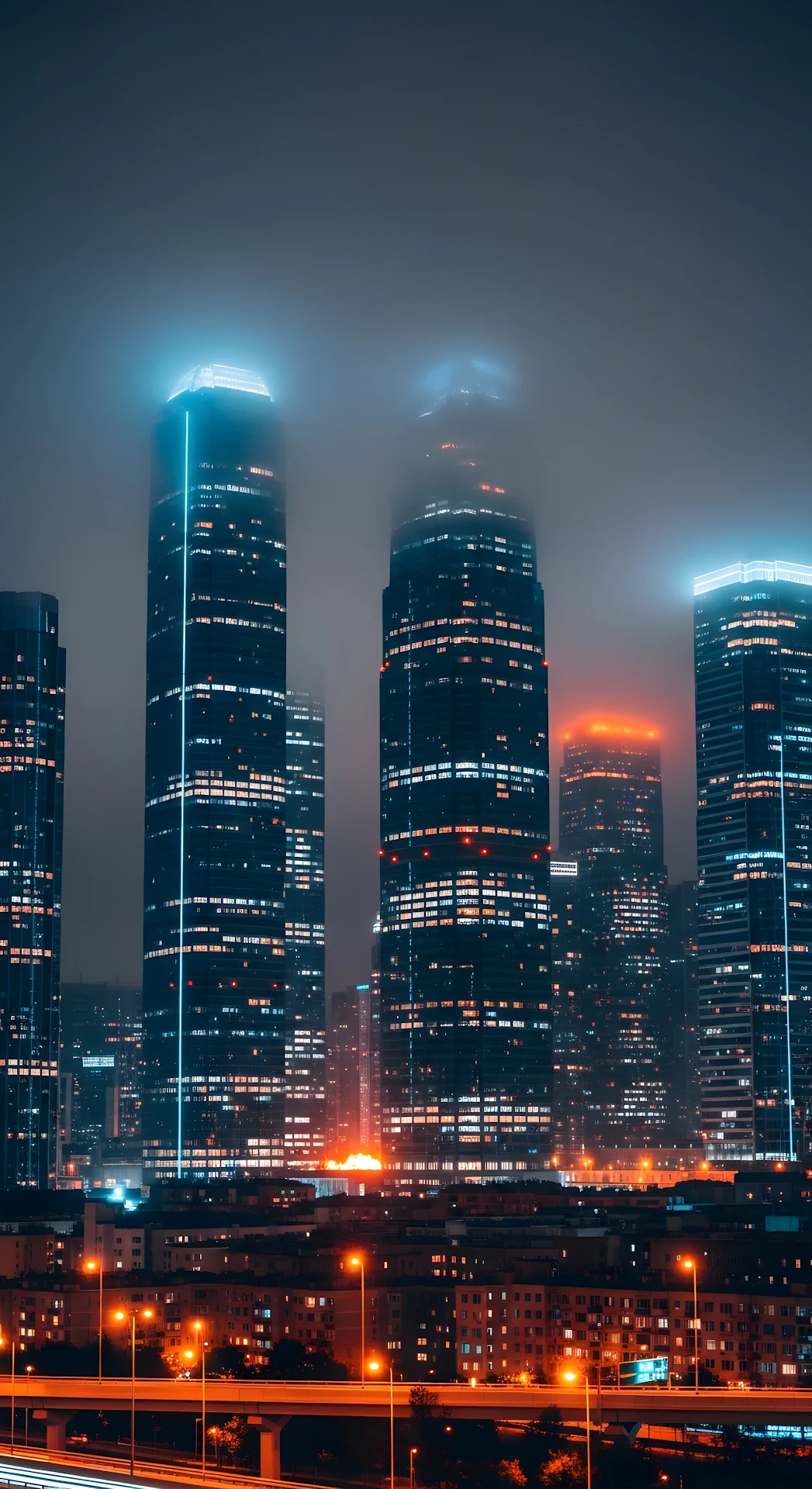 Neon Towers Cityscape in Foggy Night - Free 4K mobile Wallpaper