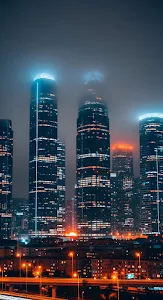 Neon Towers Cityscape in Foggy Night