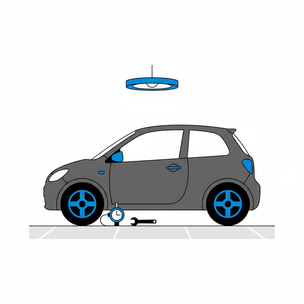 Minimalist vector of a car wheel and tire pressure gauge in a clean garage on white background indicating trade in my car readiness