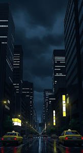 Dark Stylized Japanese City Street with Yellow Taxis and Cloudy Sky Illustration