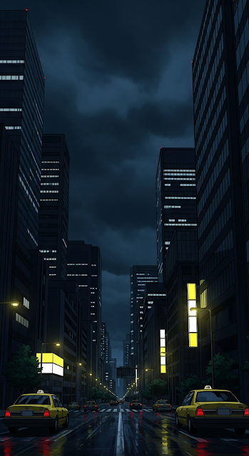 Dark Stylized Japanese City Street with Yellow Taxis and Cloudy Sky Illustration - Free mobile Wallpaper