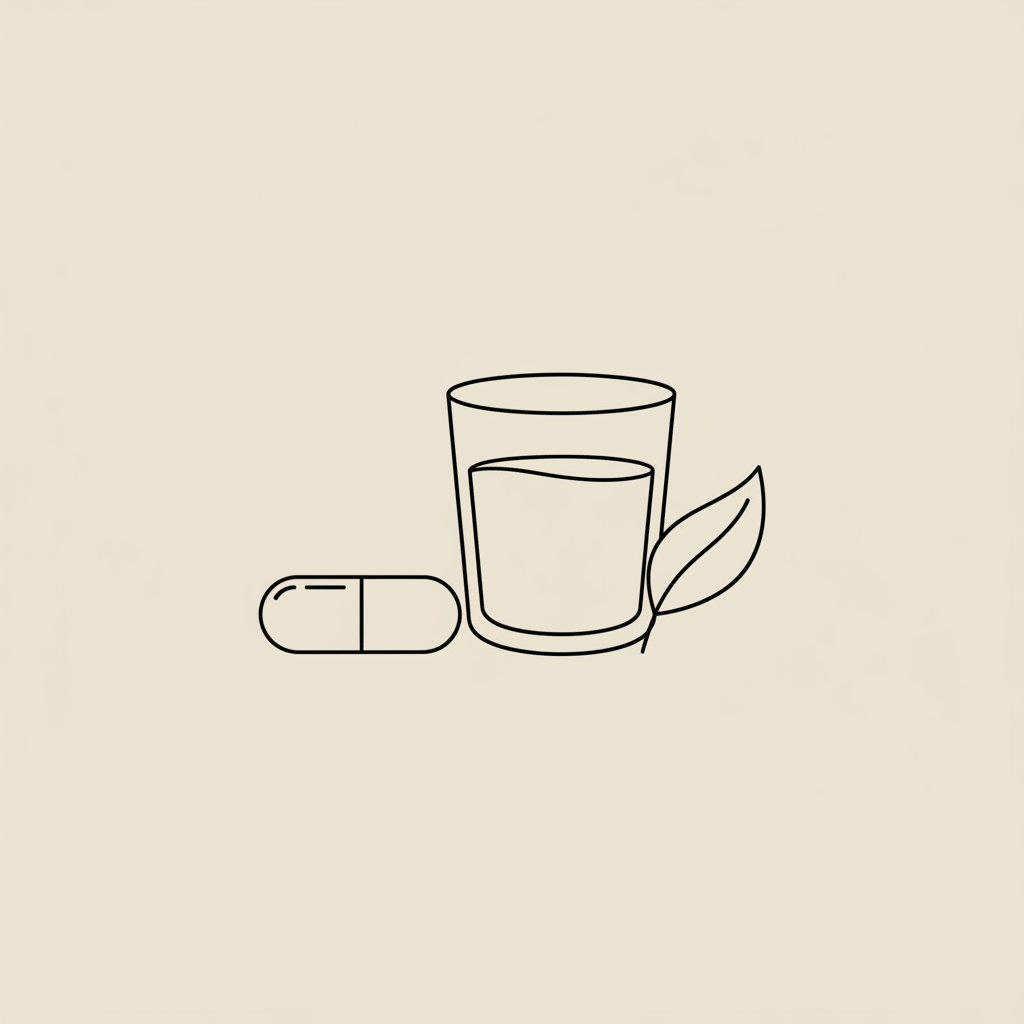 Minimal Tonum-style line illustration of a capsule, water glass, and small leaf on a beige background for an article about the cons of Lumen.