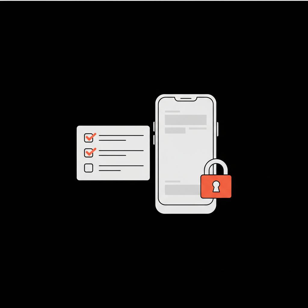 Vector Android device with floating checklist and padlock on black background to illustrate how to recover google account android, minimalist high-contrast infographic.