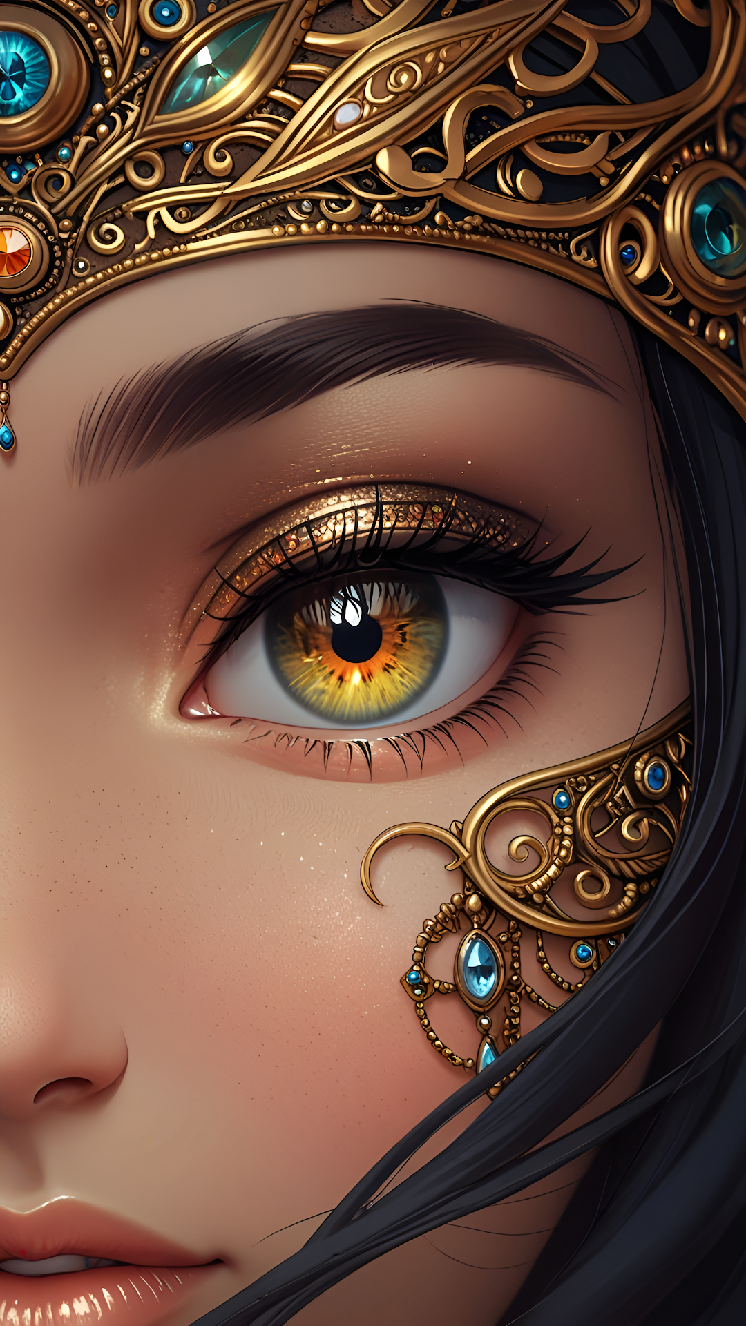 Ornate Gold Crown and Gemstone Eye Adornment - Free 4K mobile Wallpaper