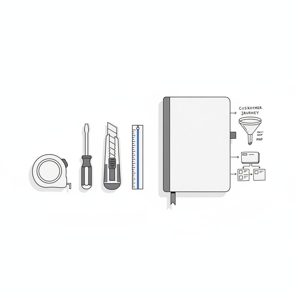 Where can I advertise my handyman business? Minimalist 2D vector of a white tabletop with tape measure, screwdriver, utility knife and a closed notebook showing corner funnel sketches in Agency Visible colors.