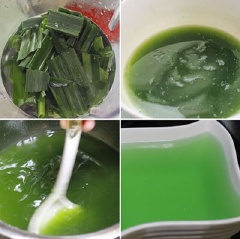 Một bó lá dứa rửa sạch, cắt khúc ngắn, xay nhuyễn lá dứa với một ít nước lọc, lọc bỏ xác, giữ lấy phần nước cốt màu xanh. Thêm bột rau câu, đường và 400 ml nước lạnh vào phần nước cốt lá dứa, hòa cho tan, dùng muỗng khuấy đều để bột rau câu tan, để bột nghỉ khoảng 15 phút. Đặt nồi lên bếp đun lửa nhỏ, vừa đun vừa khuấy liên tục để bột rau câu và đường tan hoàn toàn. Đổ rau câu vào chén sạch, để nguội cho vào tủ lạnh đến khi đông.