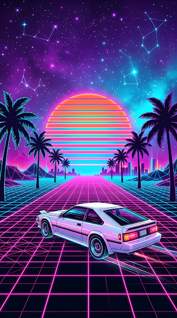 Synthwave Illustration of a Sports Car on a Glowing Grid Under a Neon Sun - Free mobile Wallpaper