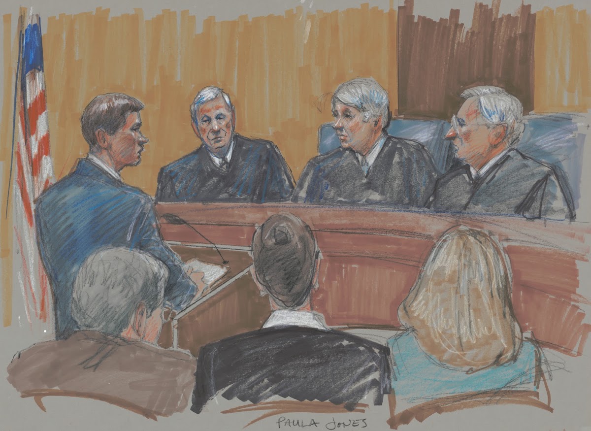 Lawyer speaking in courtroom during case brought by Paula Jones against Bill Cli