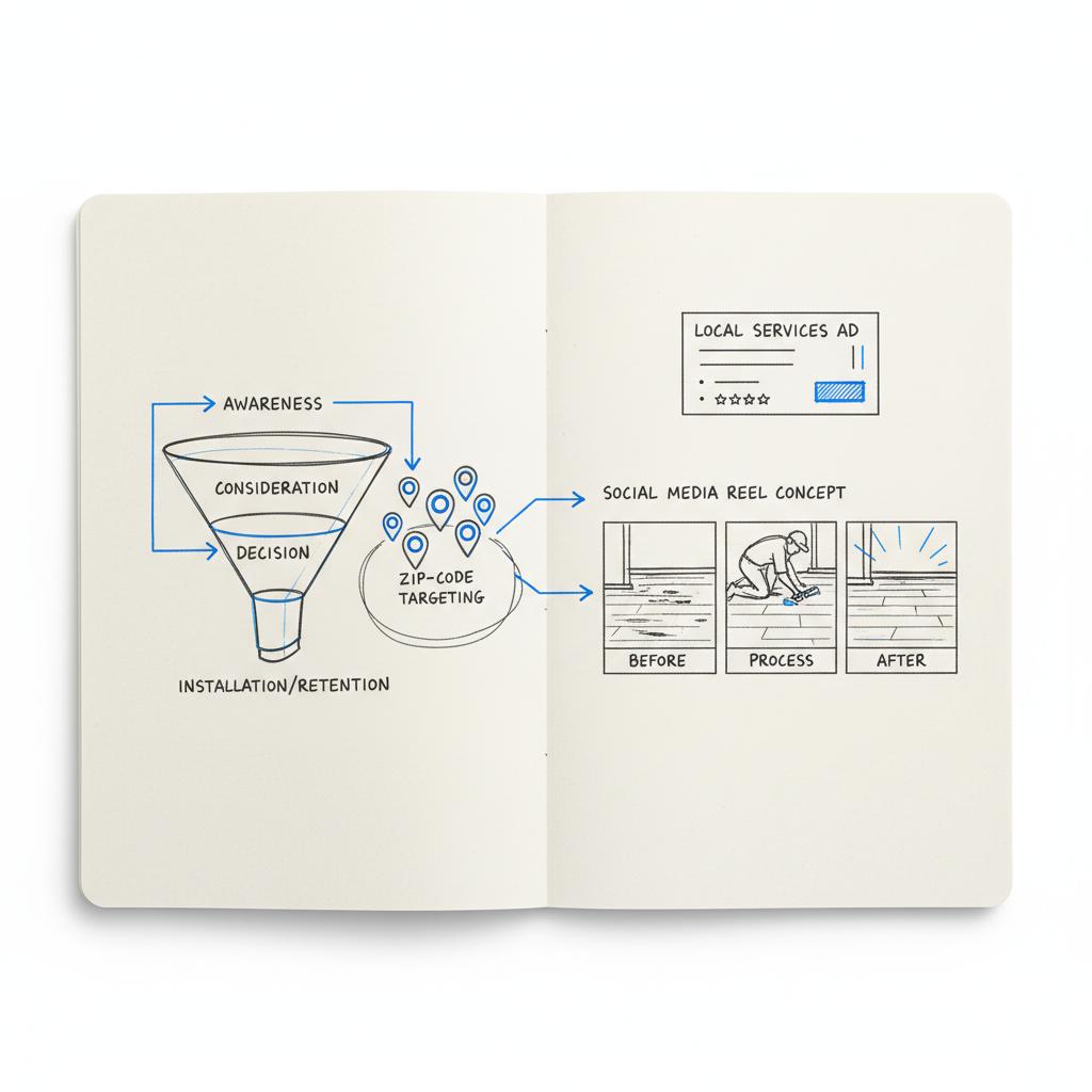 Minimal notebook sketch of a multi-channel funnel for a flooring business showing zip-code pins, a small LSA card and a before/after social storyboard in Agency Visible colors.
