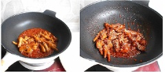 Nước sốt: cho 2 muỗng tương ớt, 1 muỗng tương cà, 4 muỗng nước tương, 1 muỗng đường vào chén khuấy đều. Đun nóng chảo, cho tỏi vào phi thơm, thả chân gà luộc vào đảo đều rồi chế nước sốt đã chuẩn bị vào trộn đều lên. Rim chân gà trên lửa nhỏ đến khi nước sốt cạn hết thì rắc mè lên, đảo vài lần rồi tắt bếp là xong.
