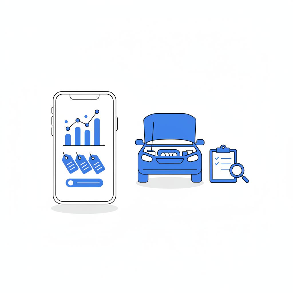 Minimalist vector split screen showing a smartphone with price analysis labels on the left and an open car hood inspection scene on the right for second hand auto near me