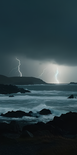 Stormy Seascape, Lightning Strike, Coastal Landscape, Dramatic Weather 4K Wallpaper Background