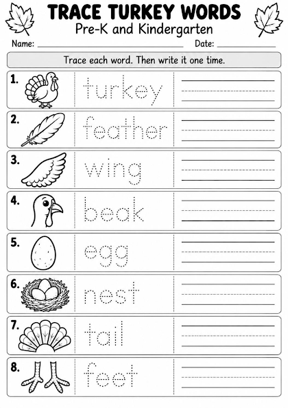 Trace Turkey Words Worksheet