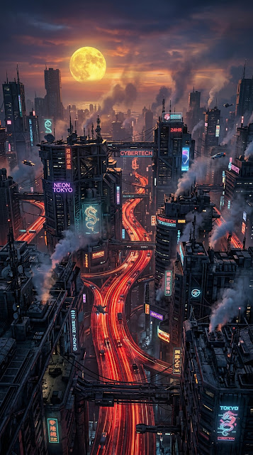 Aerial Cyberpunk Cityscape with Glowing Red Traffic and Blood Moon - Free mobile Wallpaper