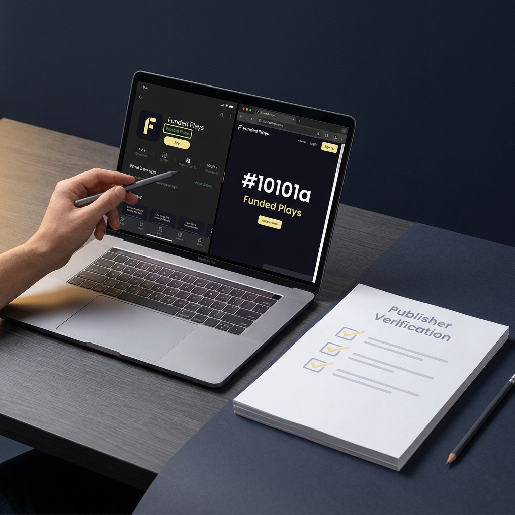 User comparing betnet ag mobile app store publisher name with company website on a laptop next to a printed checklist on a dark minimalist Funded Plays branded background