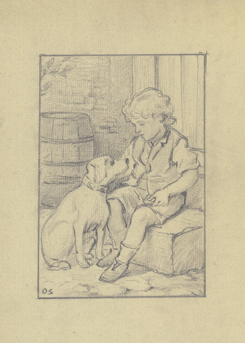 Sitzender Knabe mit sitzendem Hund