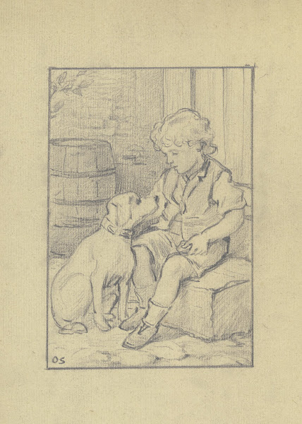 Sitzender Knabe mit sitzendem Hund