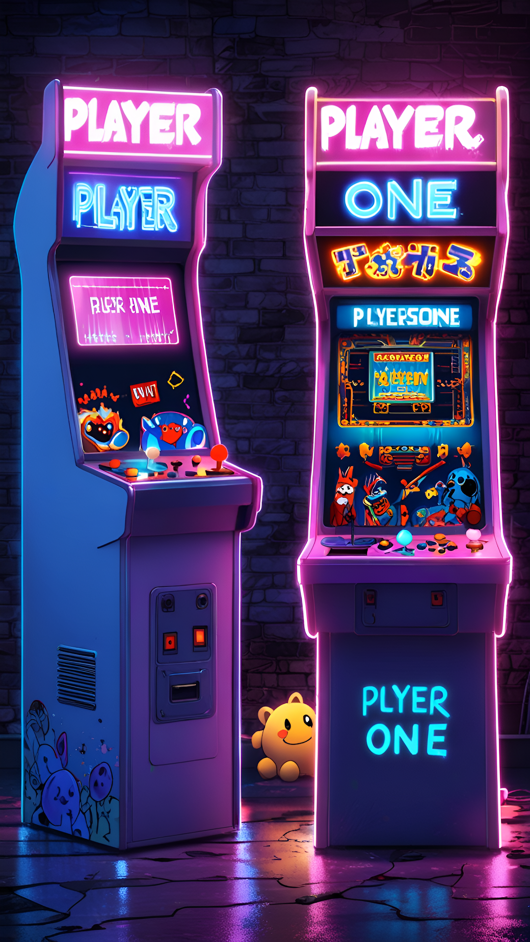 Neon Retro Arcade Cabinets in Dark Synthwave Setting - Free 4K mobile Wallpaper
